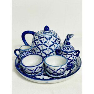 Vintage Miniature Porcelain Children's or Dollhouse Tea Set in Blue/White